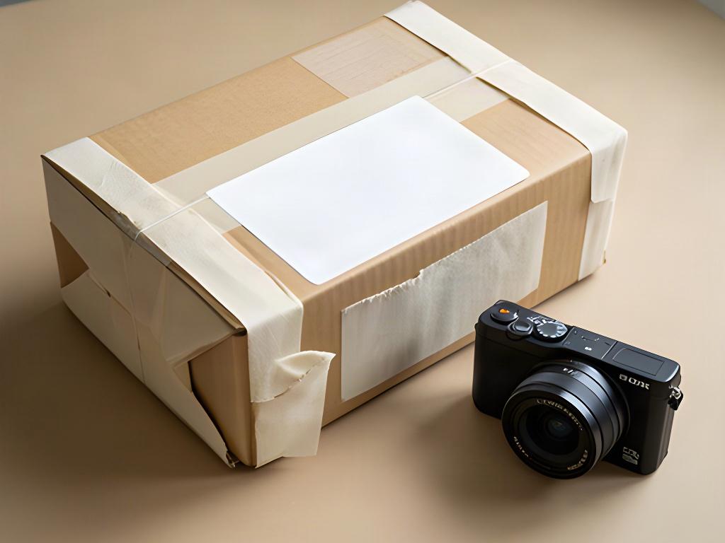 Paquete de equipo fotográfico embalado con cuidado junto a una etiqueta de entrega y una cámara compacta