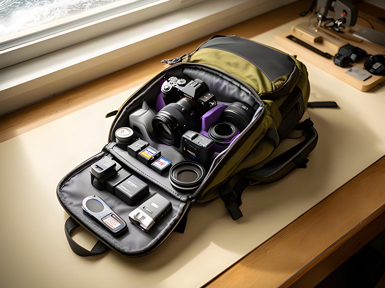 Mochila fotográfica abierta con cámaras, tarjetas de memoria, baterías y filtros sobre una mesa de trabajo