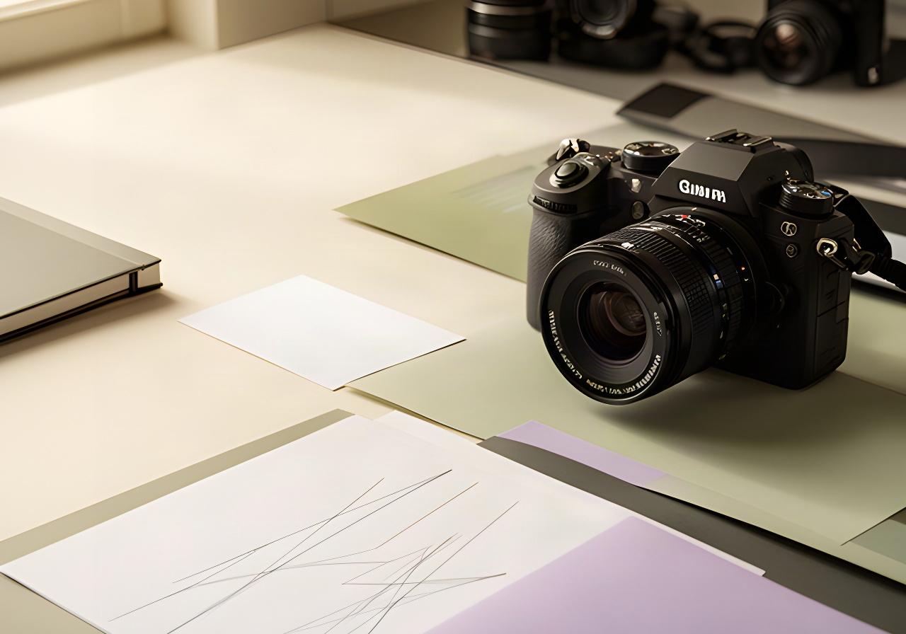 Cámara fotográfica sobre una mesa de trabajo junto a documentos de privacidad y una libreta