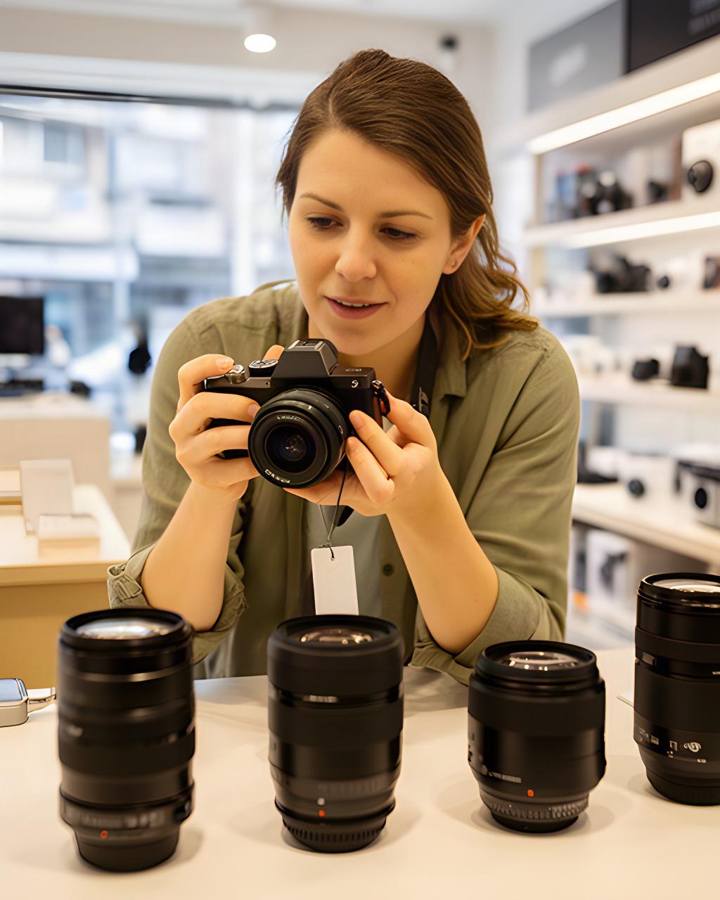 Fotógrafa probando una cámara mirrorless junto a objetivos etiquetados en el mostrador de una tienda