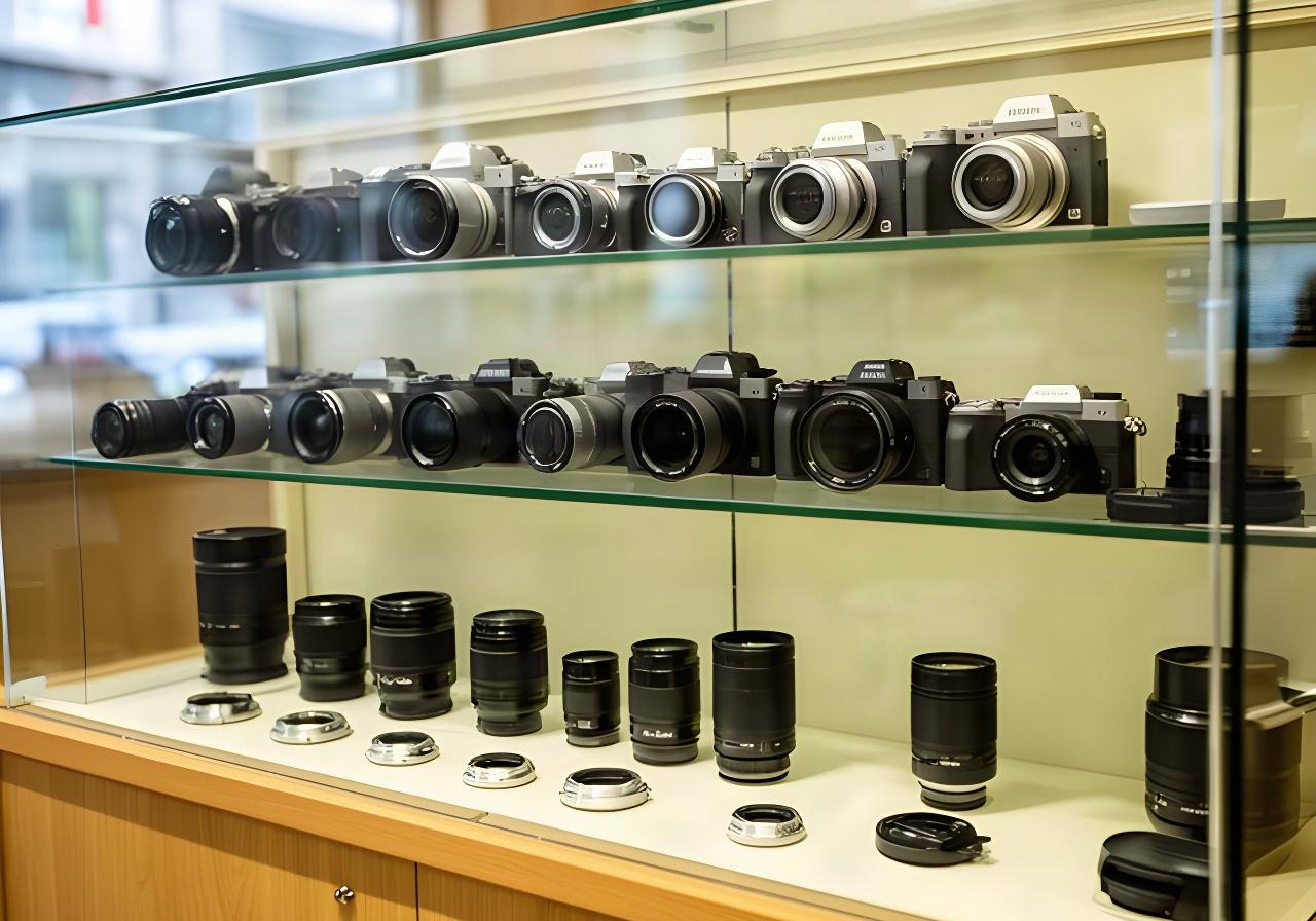 Colección de cámaras y objetivos de varias monturas ordenados en una vitrina de tienda de fotografía