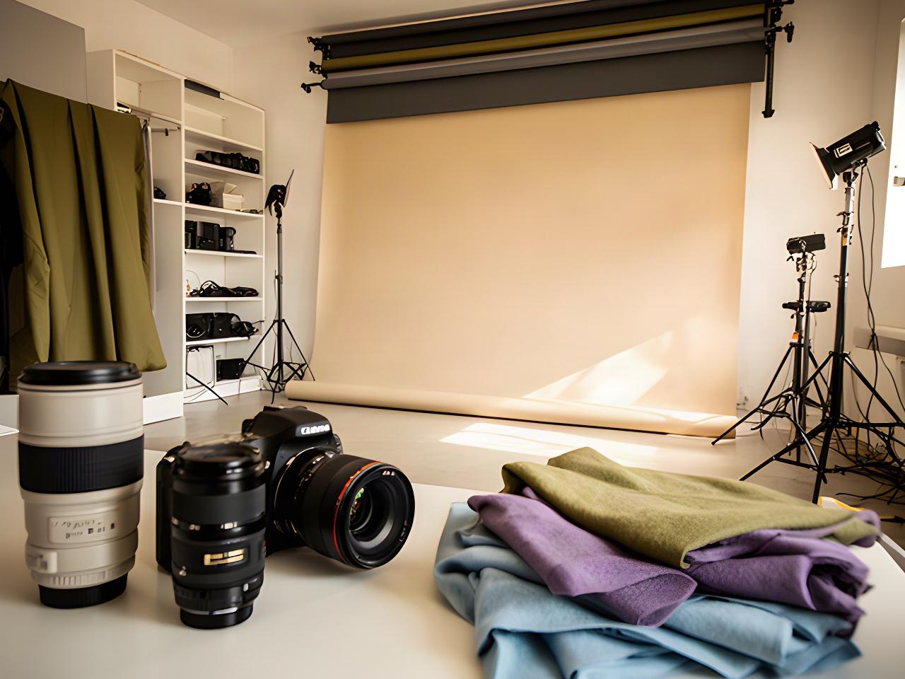 Interior del estudio fotográfico con cámara, fondos y zona de trabajo en Arroyo de la Miel