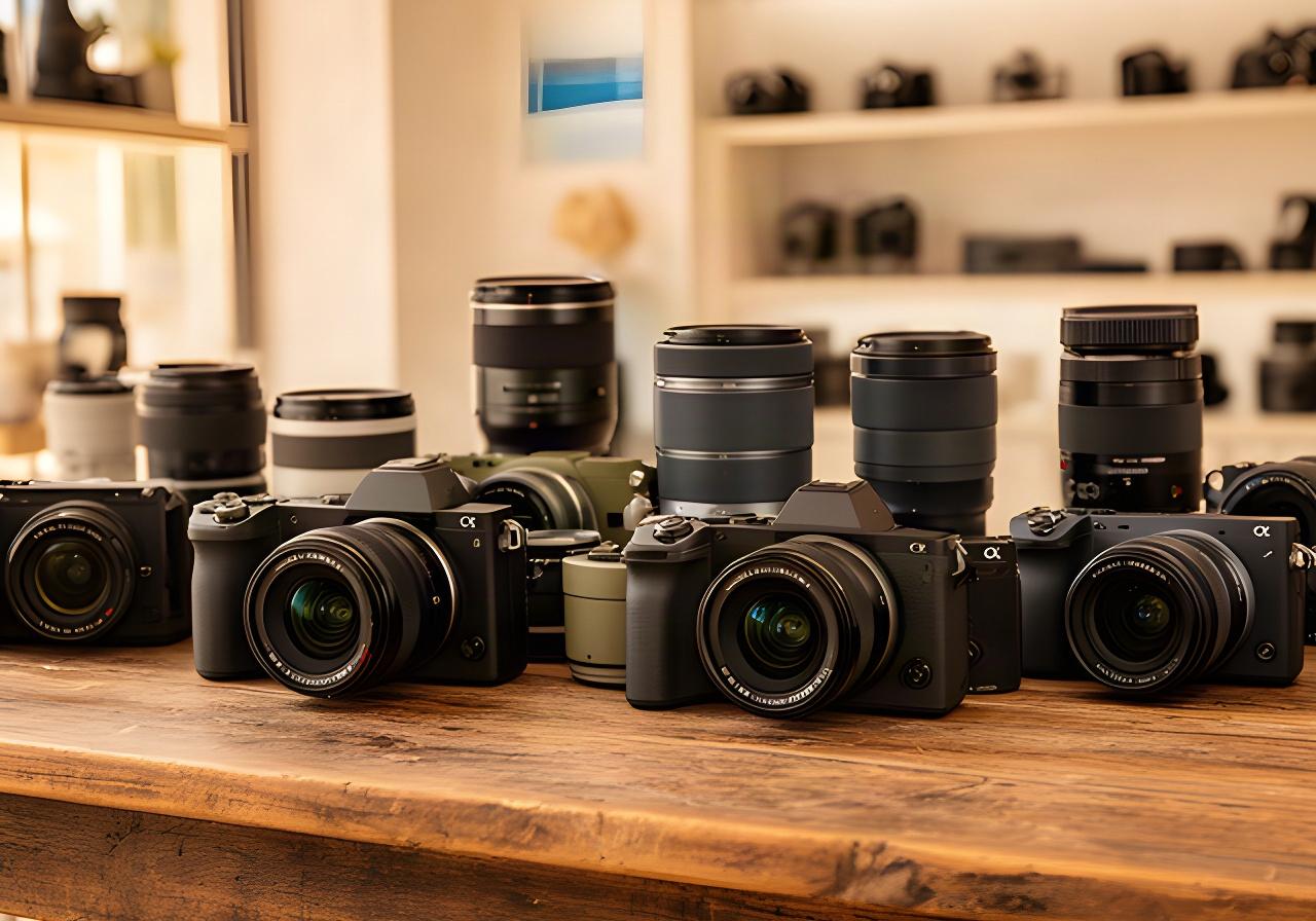 Cámaras mirrorless y objetivos expuestos sobre una mesa de madera en una tienda de fotografía de la Costa del Sol
