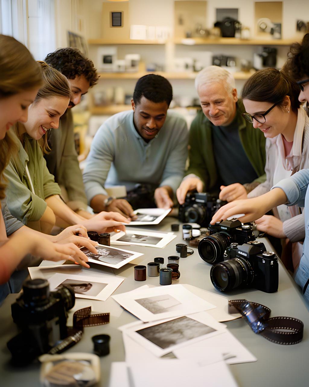 Grupo diverso de fotógrafos revisando imágenes y carretes en una mesa de trabajo de la tienda