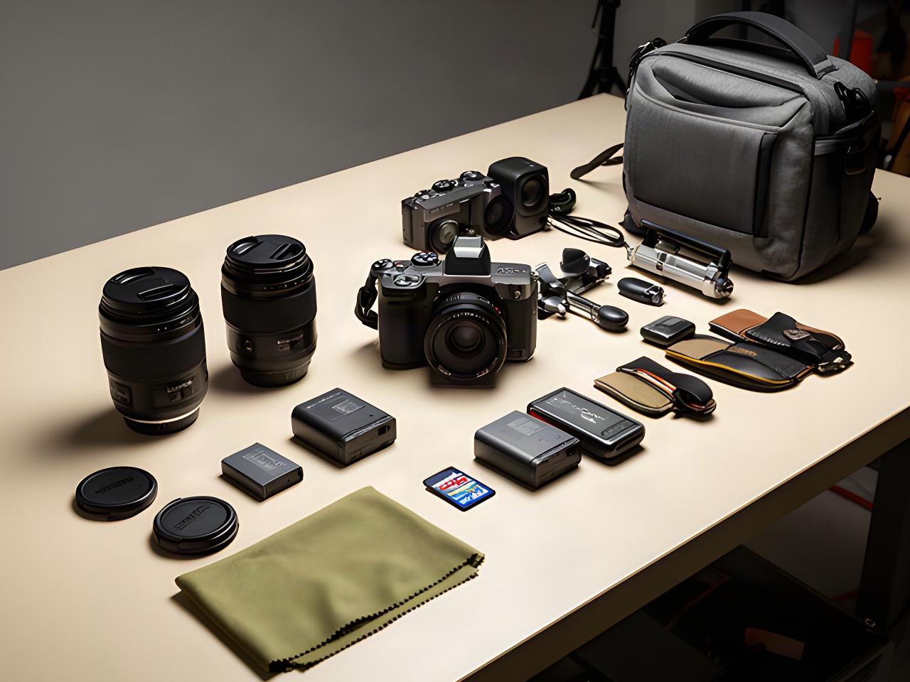 Cámaras, objetivos y accesorios fotográficos organizados sobre una mesa de trabajo