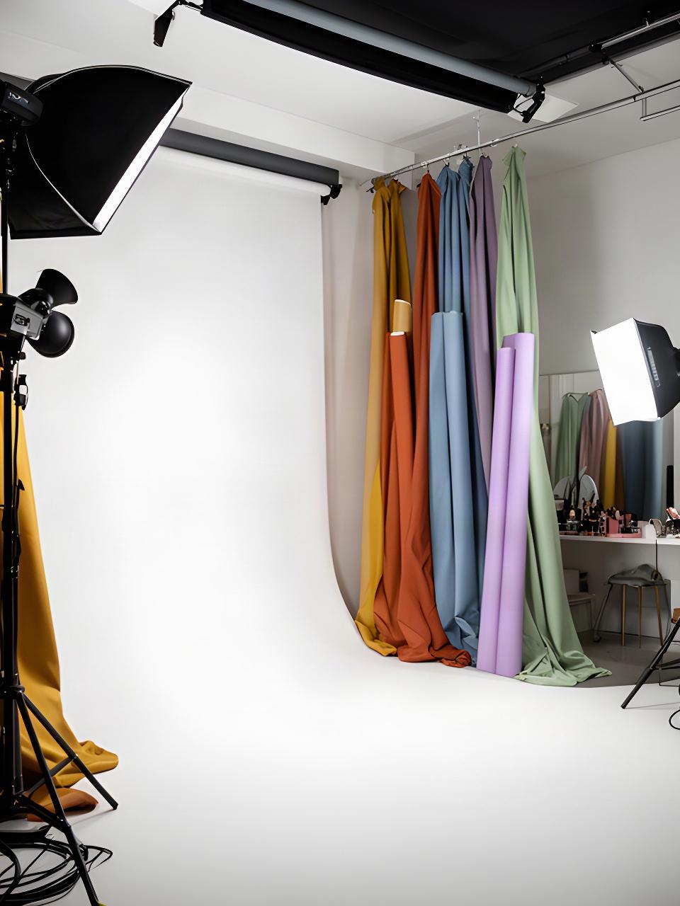 Ciclorama blanco y fondos de tela de colores dentro del estudio fotográfico
