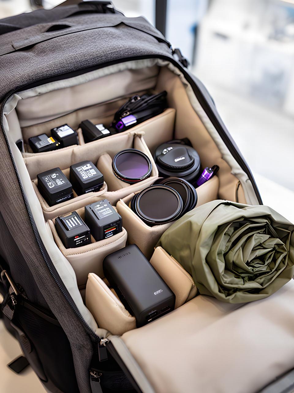 Interior acolchado de una mochila fotográfica con filtros, baterías y funda de lluvia en un taller luminoso