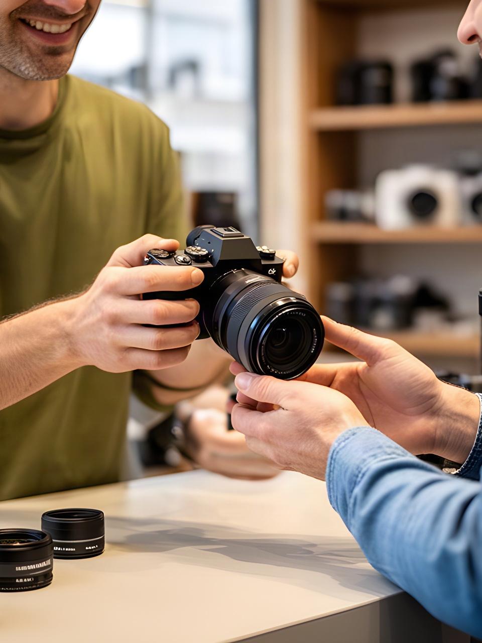 Asesoría sobre una cámara y un objetivo en el mostrador de una tienda de fotografía