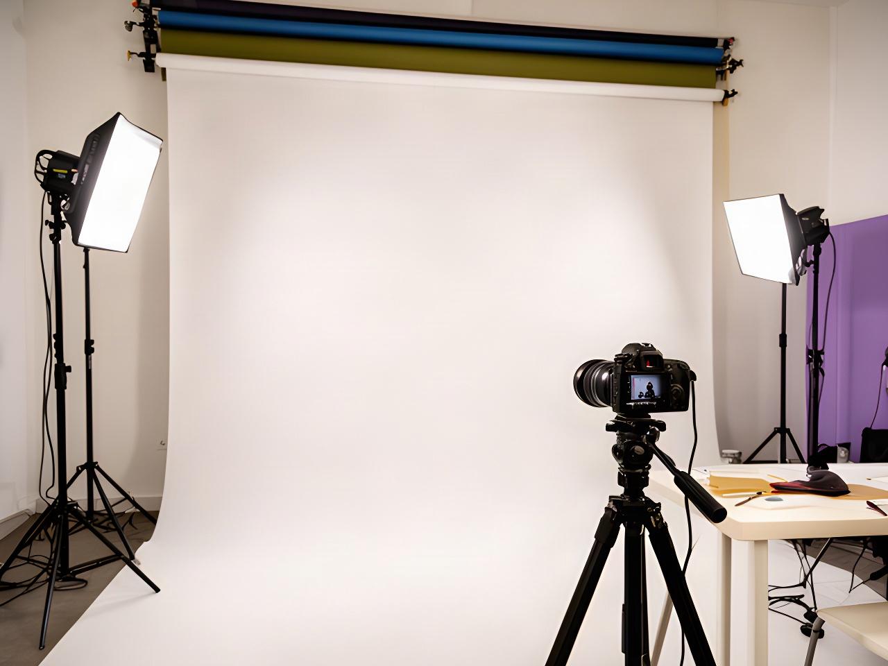 Estudio fotográfico de Galería Enfoque S.L. con ciclorama blanco, focos LED y mesa de trabajo