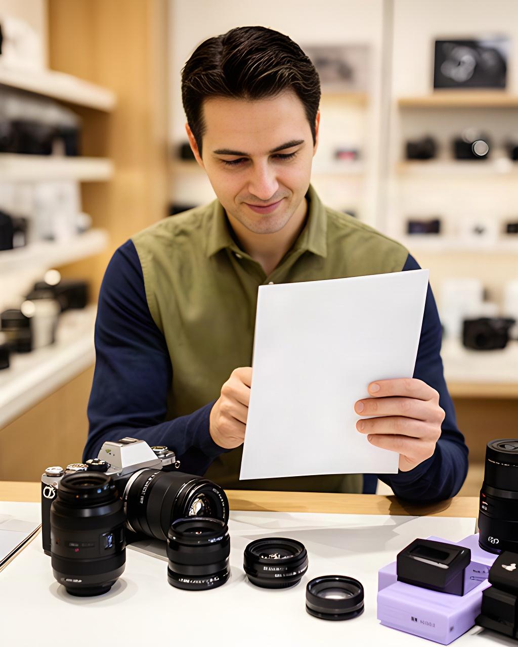 Profesional revisando una ficha de cliente junto a una cámara y accesorios en una tienda de fotografía
